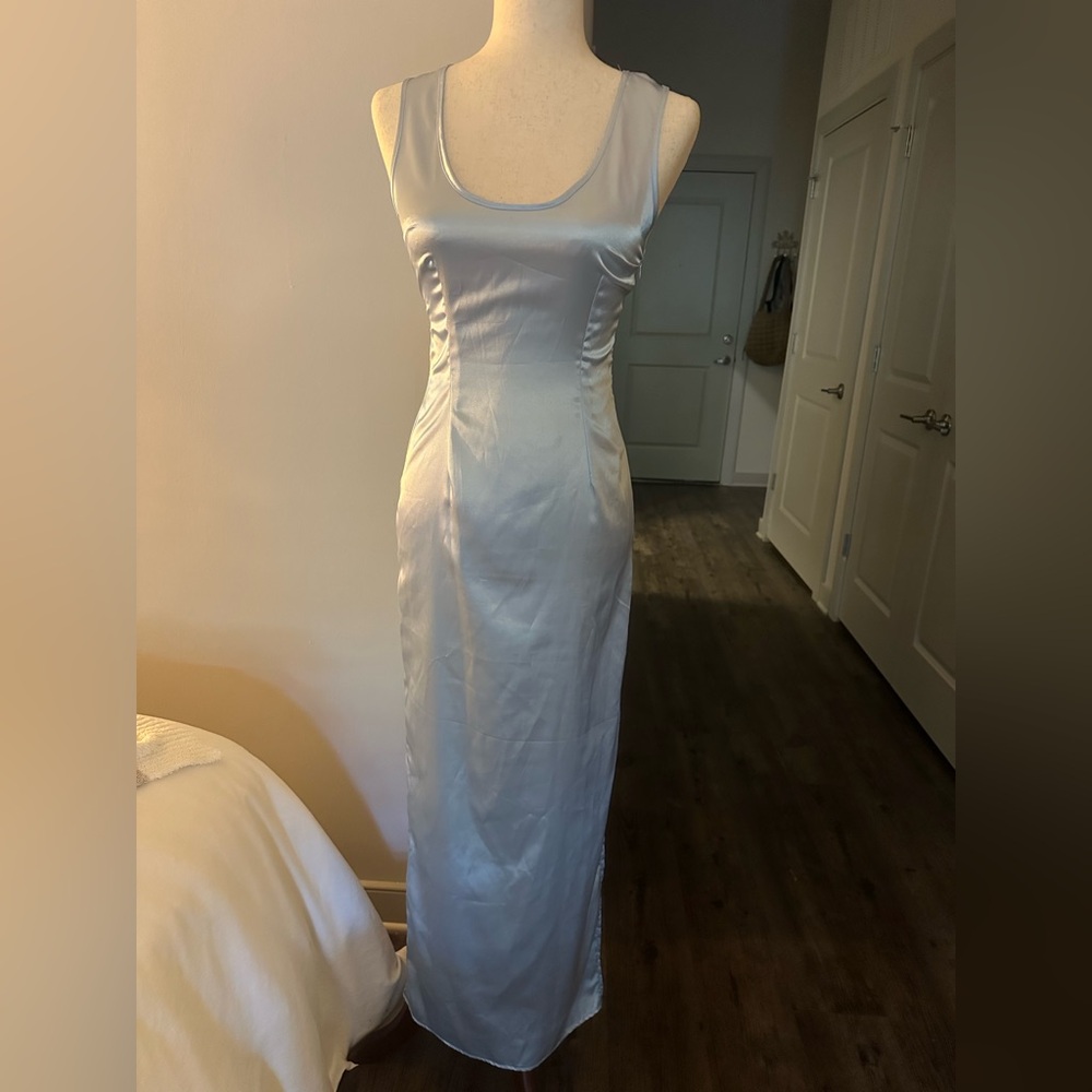 PrettyLittleThing Baby Blue Satin Slip Dress